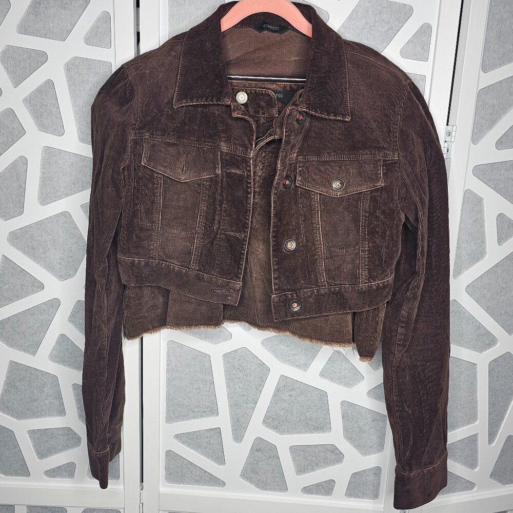 Express Corduroy Brown Long Sleeve Button Set Crop Jacket Small & Skirt Size 10